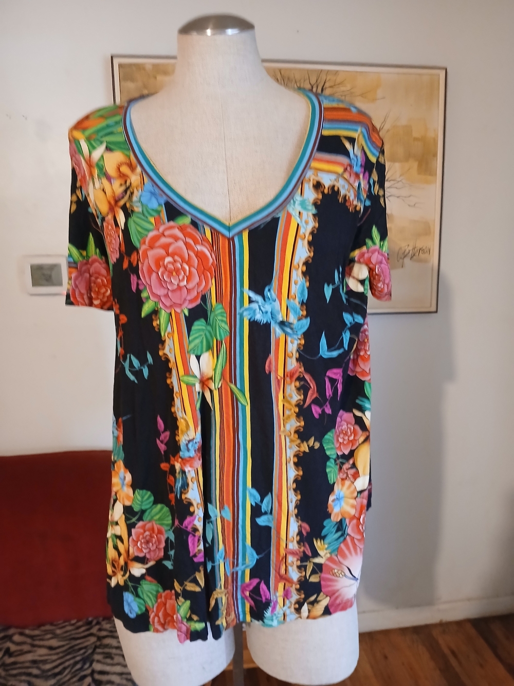 Johnny Was Black Floral Stripe Bird V-Neck Short Sleeve Top